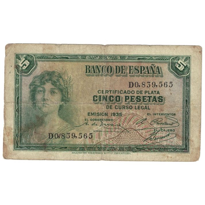 Banknote, Spain, 5 Pesetas, 1935 (1936), KM:85a, VG(8-10)