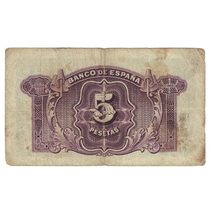 Banknote, Spain, 5 Pesetas, 1935 (1936), KM:85a, VG(8-10)