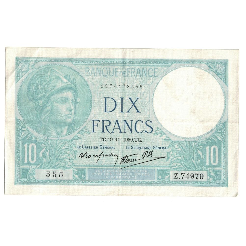 Francia, 10 Francs, Minerve, 1939, Z.749, MBC, Fayette:7.12, KM:84