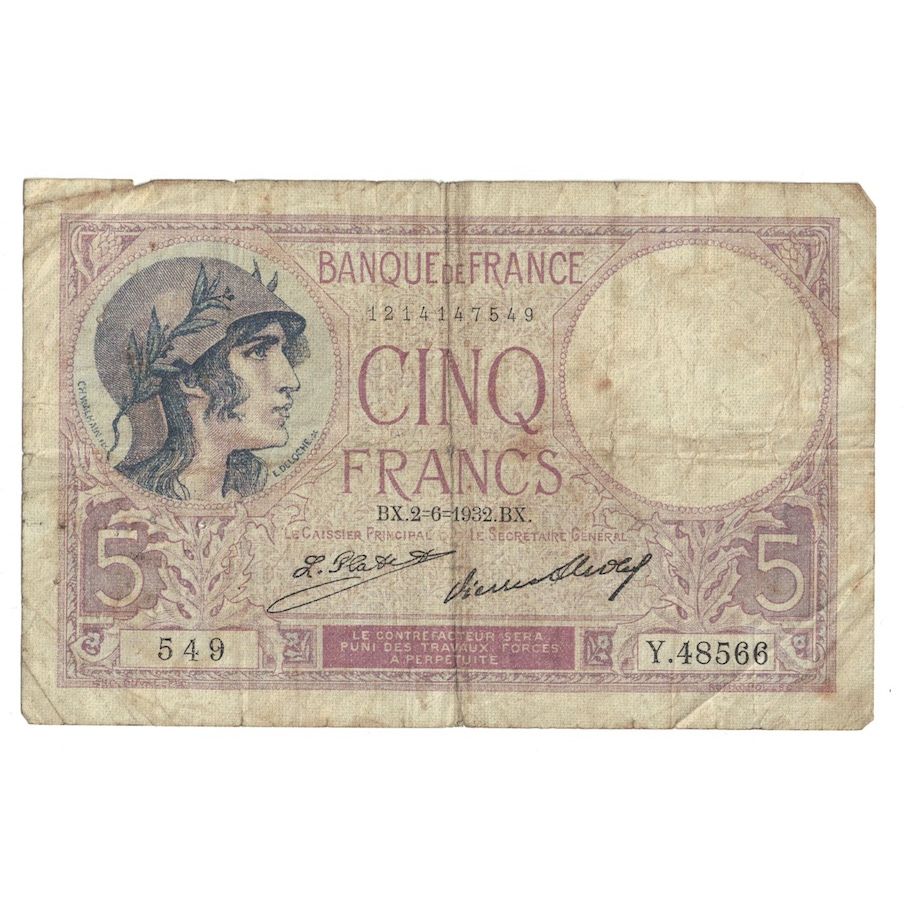 Francia, 5 Francs, Violet, 1932, 1932-06-02, RC+, Fayette:3.16, KM:72d