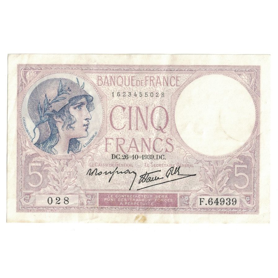 Frankrijk, 5 Francs, Violet, 1939, F.649, TTB, Fayette:4.13, KM:83