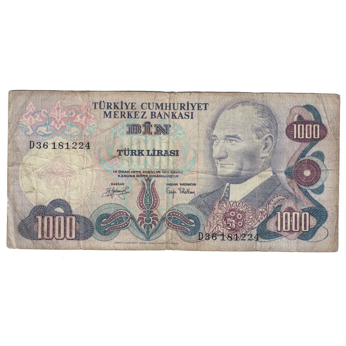 Geldschein, Türkei, 1000 Lira, L.1970, KM:191, SGE+