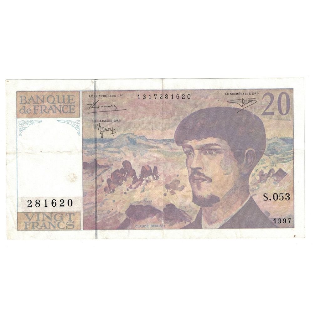 França, 20 Francs, Debussy, 1997, VF(30-35), Fayette:66ter02a53, KM:151i