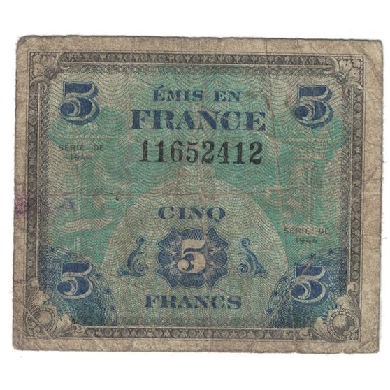 França, 5 Francs, Flag/France, 1944, VG(8-10), Fayette:VF17.1, KM:115a