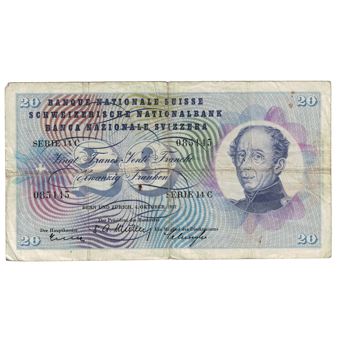 Banconote, Svizzera, 20 Franken, 1957, 1957-10-04, KM:46e, B+