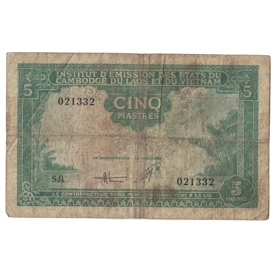 Banconote, INDOCINA FRANCESE, 5 Piastres = 5 Dong, Undated (1953), KM:106, B+