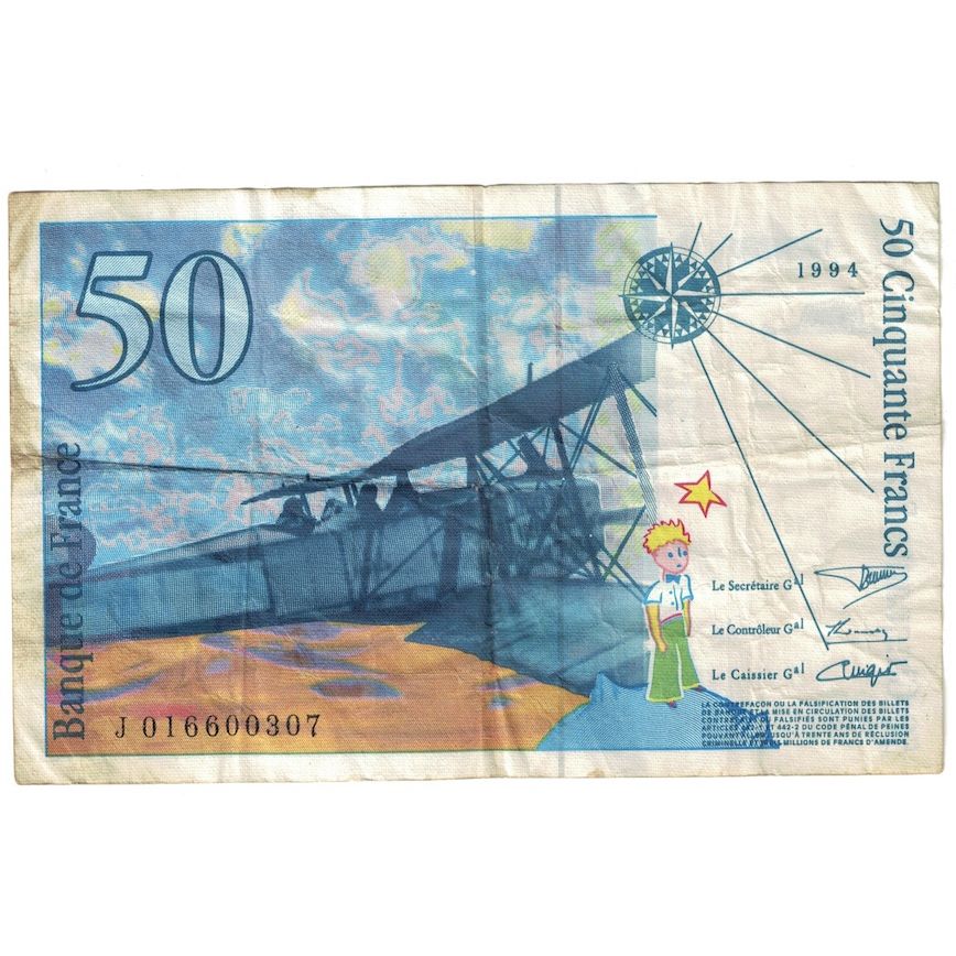 France, 50 Francs, St Exupéry, 1994, J.016, VG(8-10), Fayette:73.1a, KM:157Aa