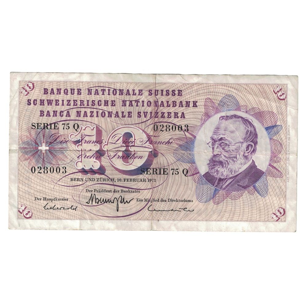 Nota, Suíça, 10 Franken, 1971, 1971-02-10, KM:45q, VF(30-35)