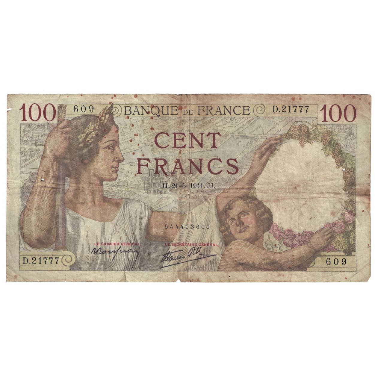 France, 100 Francs, Sully, 1941, D.21777, VG(8-10), Fayette:26.52, KM:94