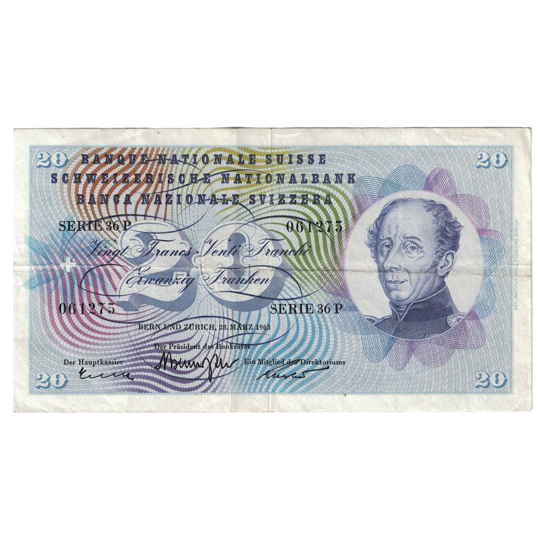Geldschein, Schweiz, 20 Franken, 1963, 1963-03-28, KM:46j, SS