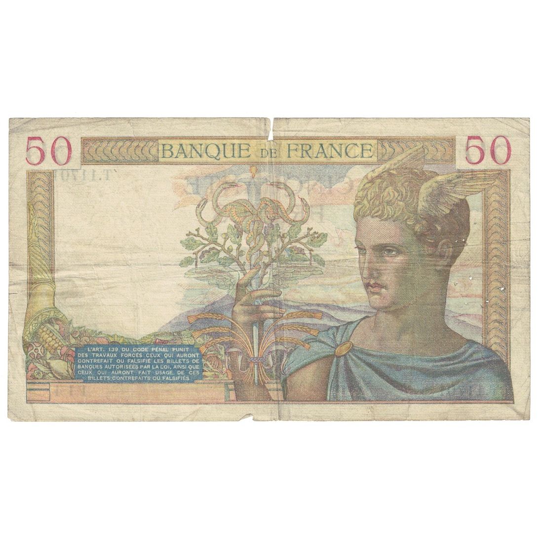 Francia, 50 Francs, Cérès, 1939, T.11701, BC+, Fayette:18.36, KM:85b