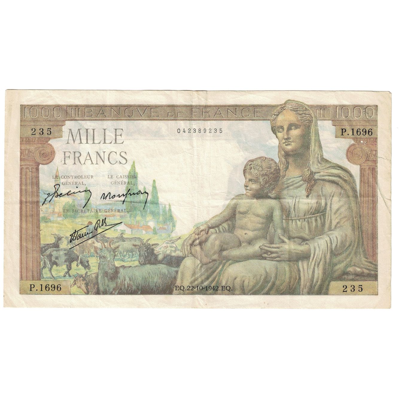 France, 1000 Francs, Déesse Déméter, 1942, P.1696, EF(40-45), KM:102