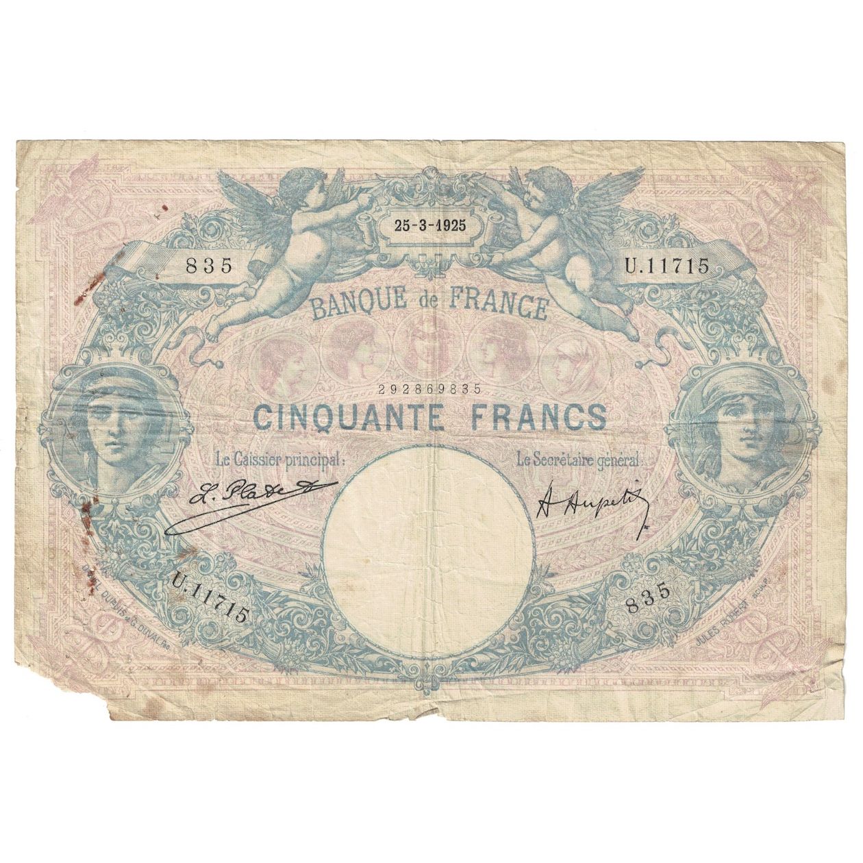 Frankrijk, 50 Francs, Bleu et Rose, 1925, U.11715, B+, Fayette:14.38, KM:64g