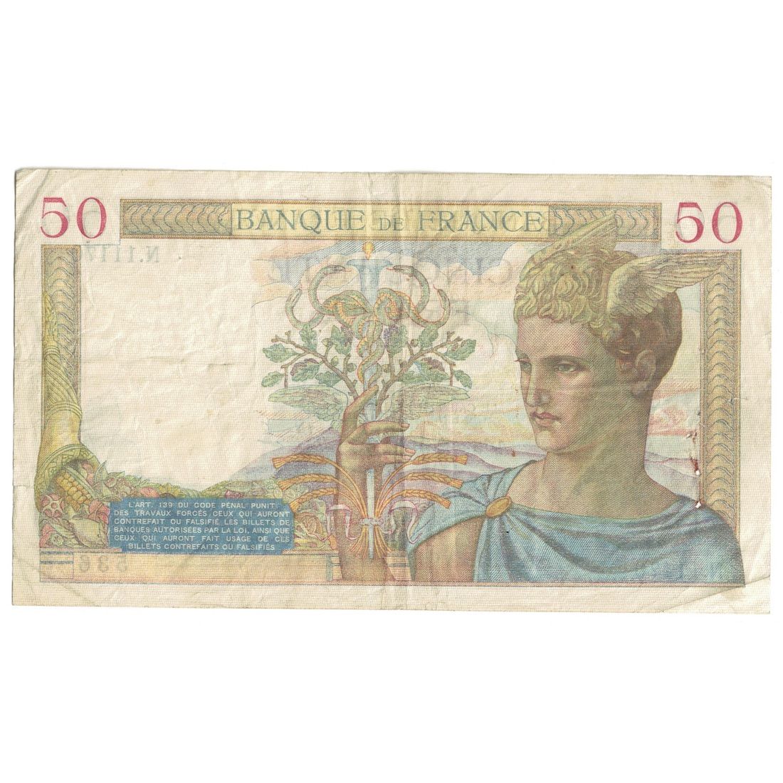 Francia, 50 Francs, Cérès, 1939, N.11170, BC+, Fayette:18.32, KM:85b