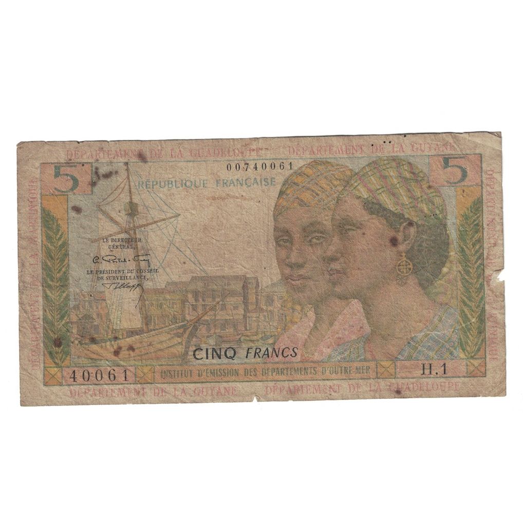 French Antilles, 5 Francs, 1964, H.1, VG(8-10), KM:7b