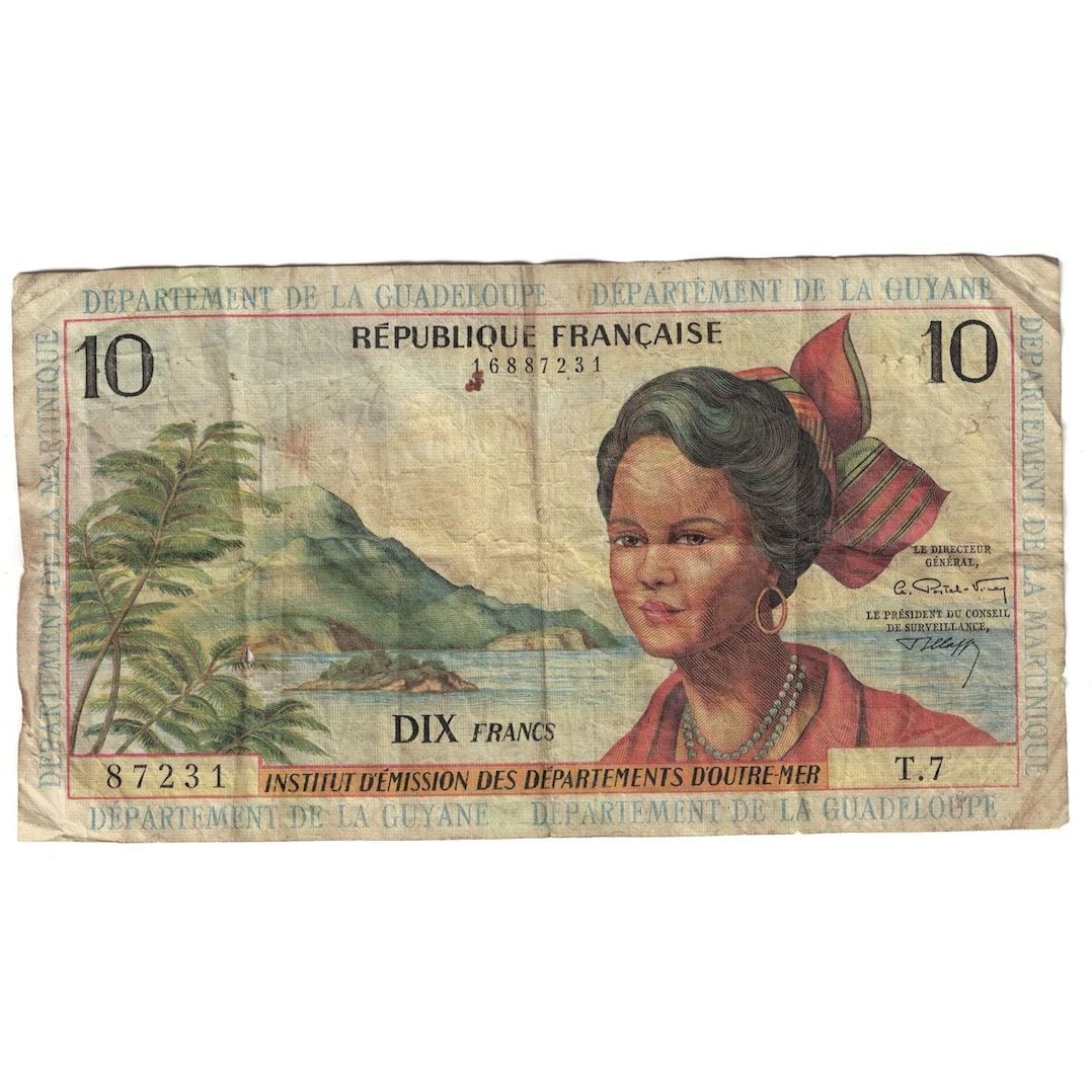 Banconote, Antille francesi, 10 Francs, Undated (1964), KM:8b, B+