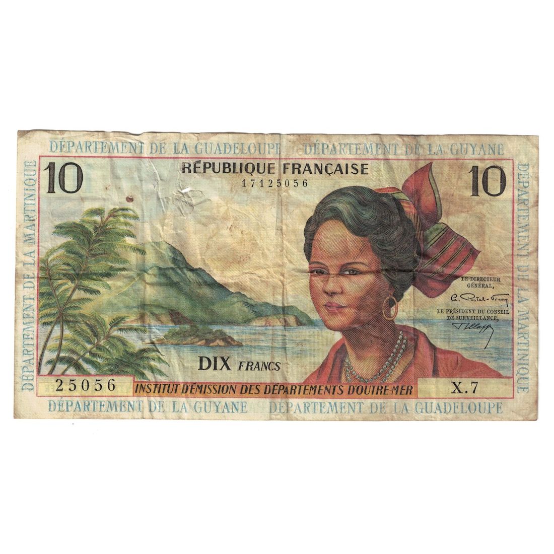 Nota, Antilhas Francesas, 10 Francs, Undated (1964), KM:8b, VG(8-10)