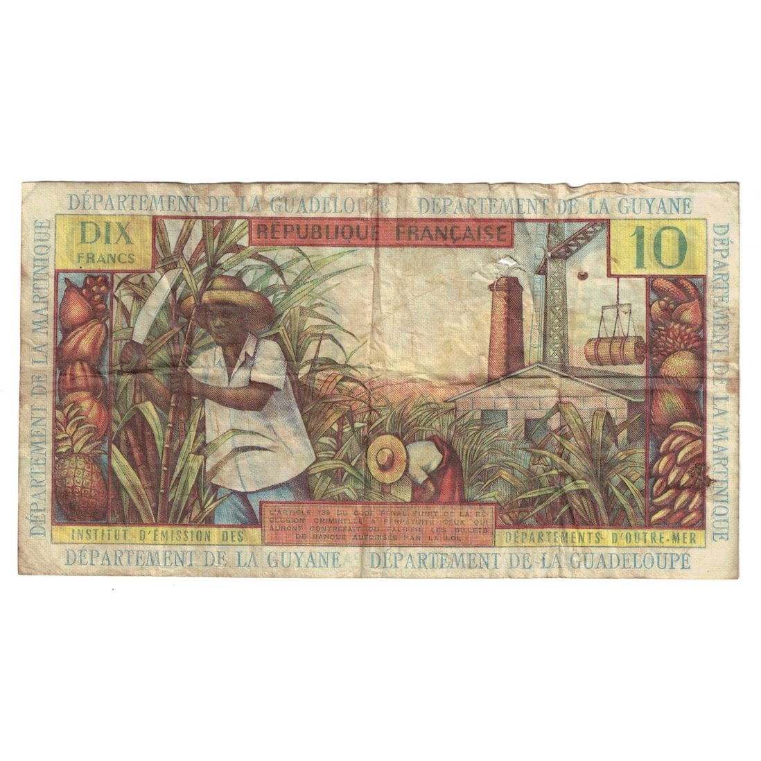 Nota, Antilhas Francesas, 10 Francs, Undated (1964), KM:8b, VG(8-10)