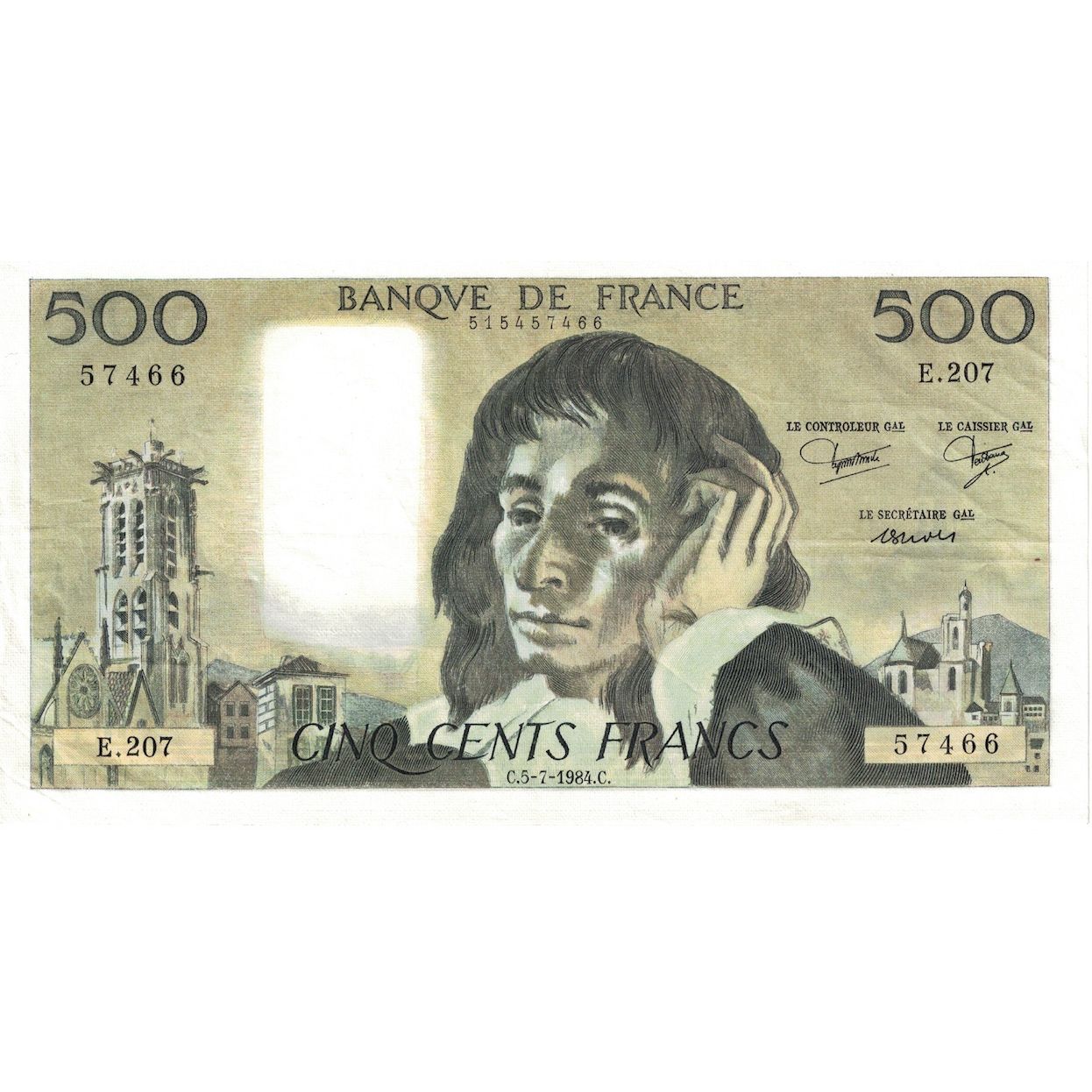 França, 500 Francs, Pascal, 1984, E.207, AU(55-58), Fayette:71.31, KM:156e