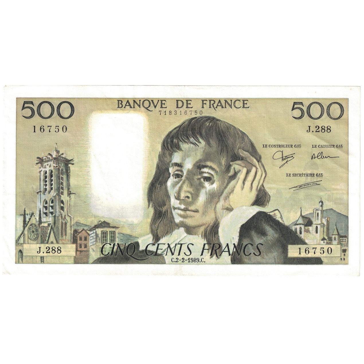 France, 500 Francs, Pascal, 1989, V.290, AU(50-53), Fayette:71.40, KM:156g
