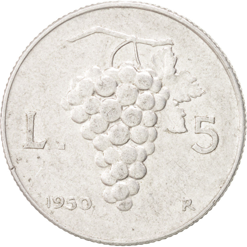 Coin, Italy, 5 Lire, 1950, Rome, AU(50-53), Aluminum, KM:89