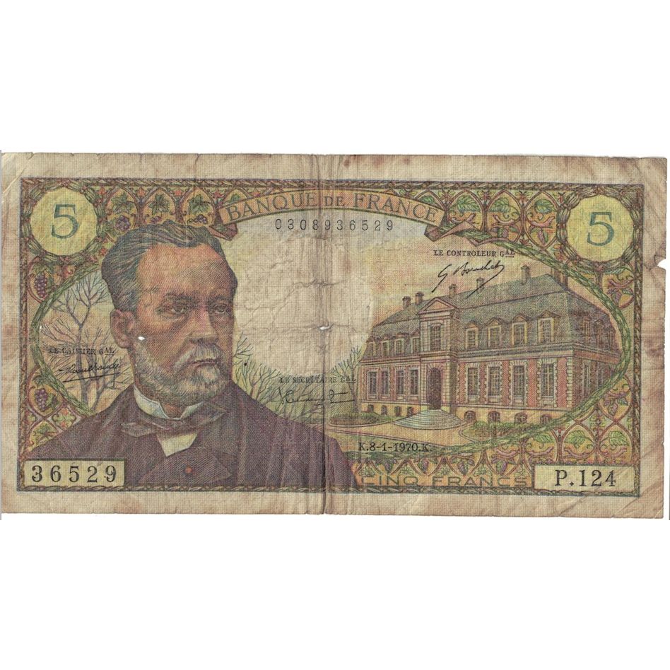 France, 5 Francs, Pasteur, 1970, P.124, VG(8-10), Fayette:61.12, KM:146b