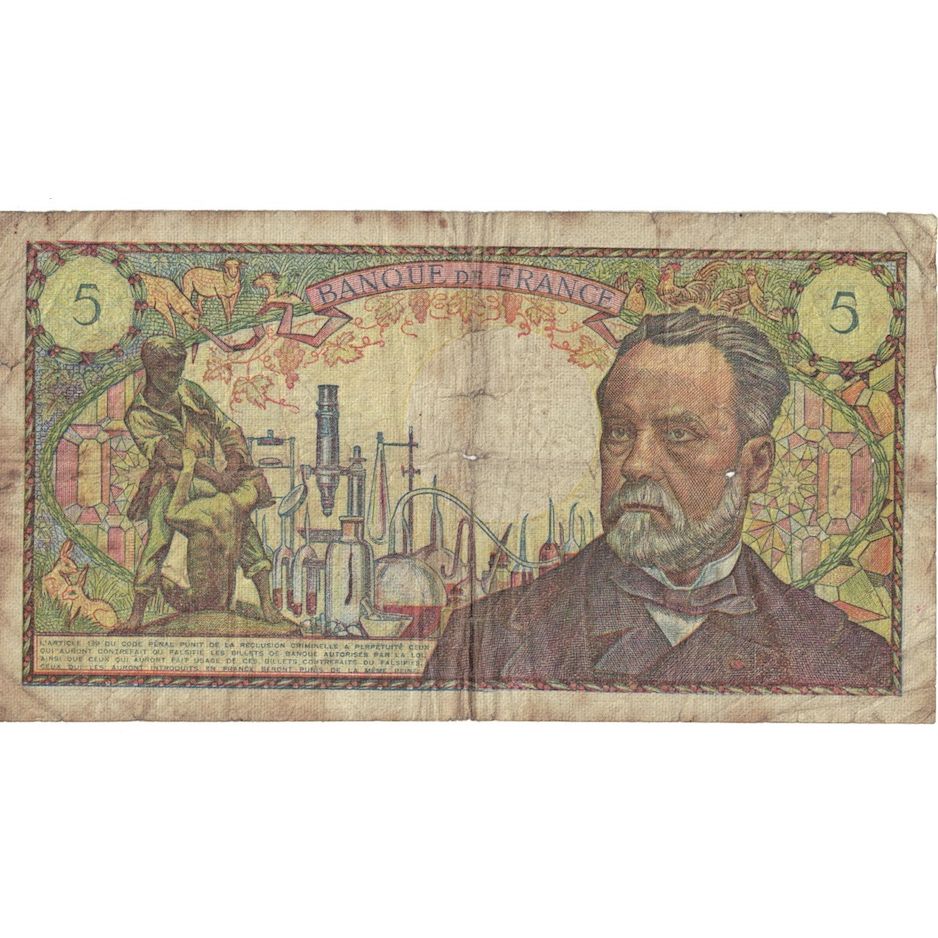 France, 5 Francs, Pasteur, 1970, P.124, VG(8-10), Fayette:61.12, KM:146b