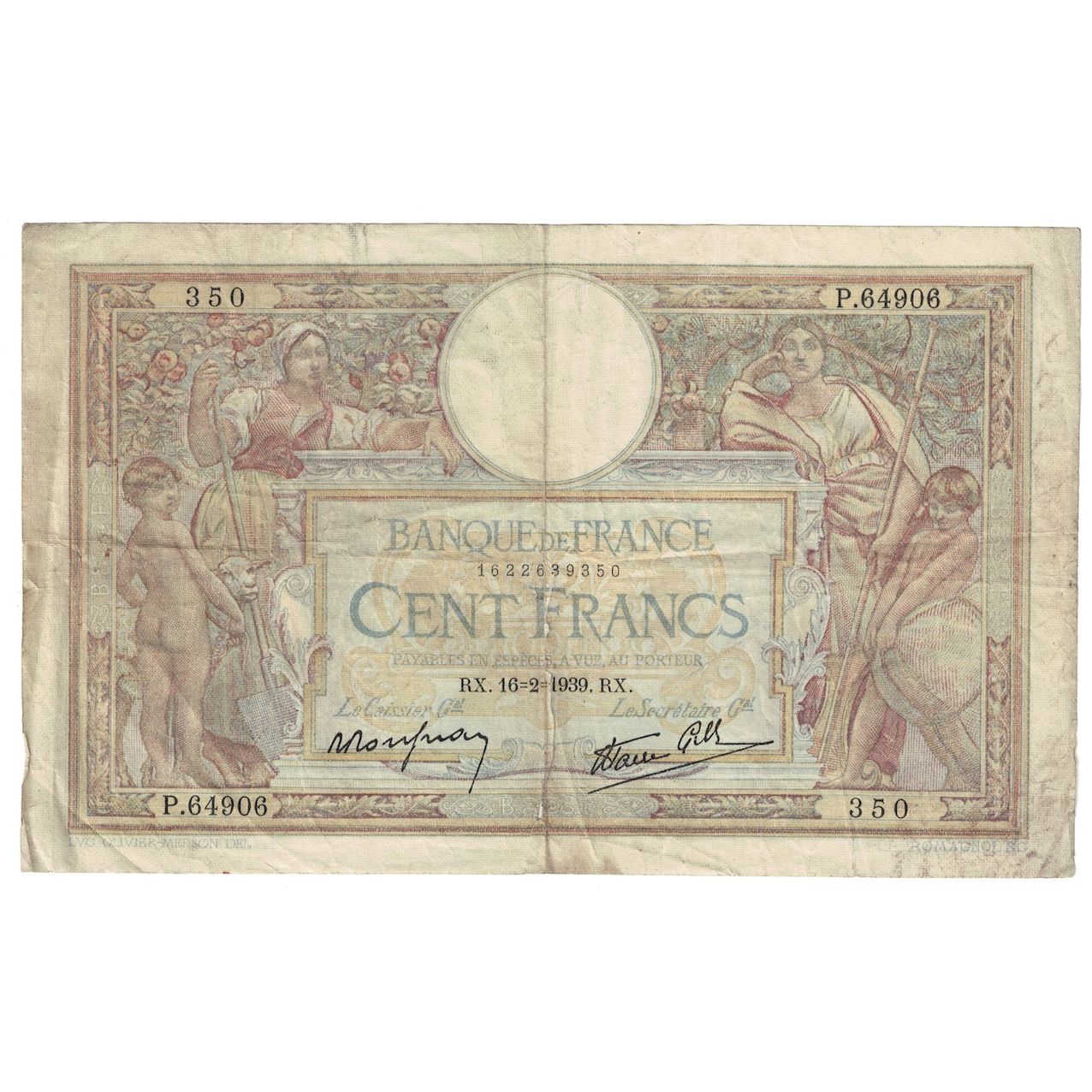 France, 100 Francs, Luc Olivier Merson, 1939, P.649, F(12-15), Fayette:25.43