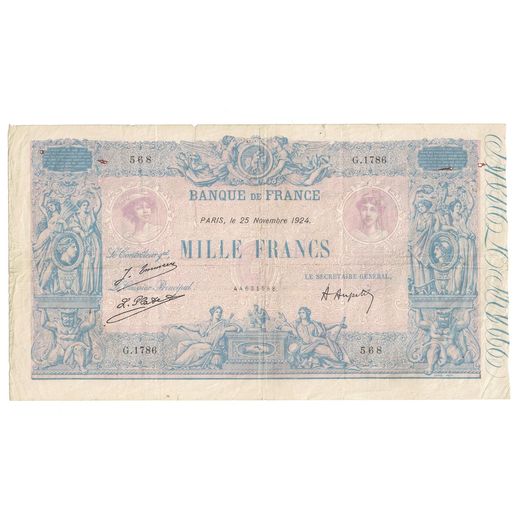 Francia, 1000 Francs, Bleu et Rose, 1924, G.1786, MB, Fayette:36.40, KM:67j