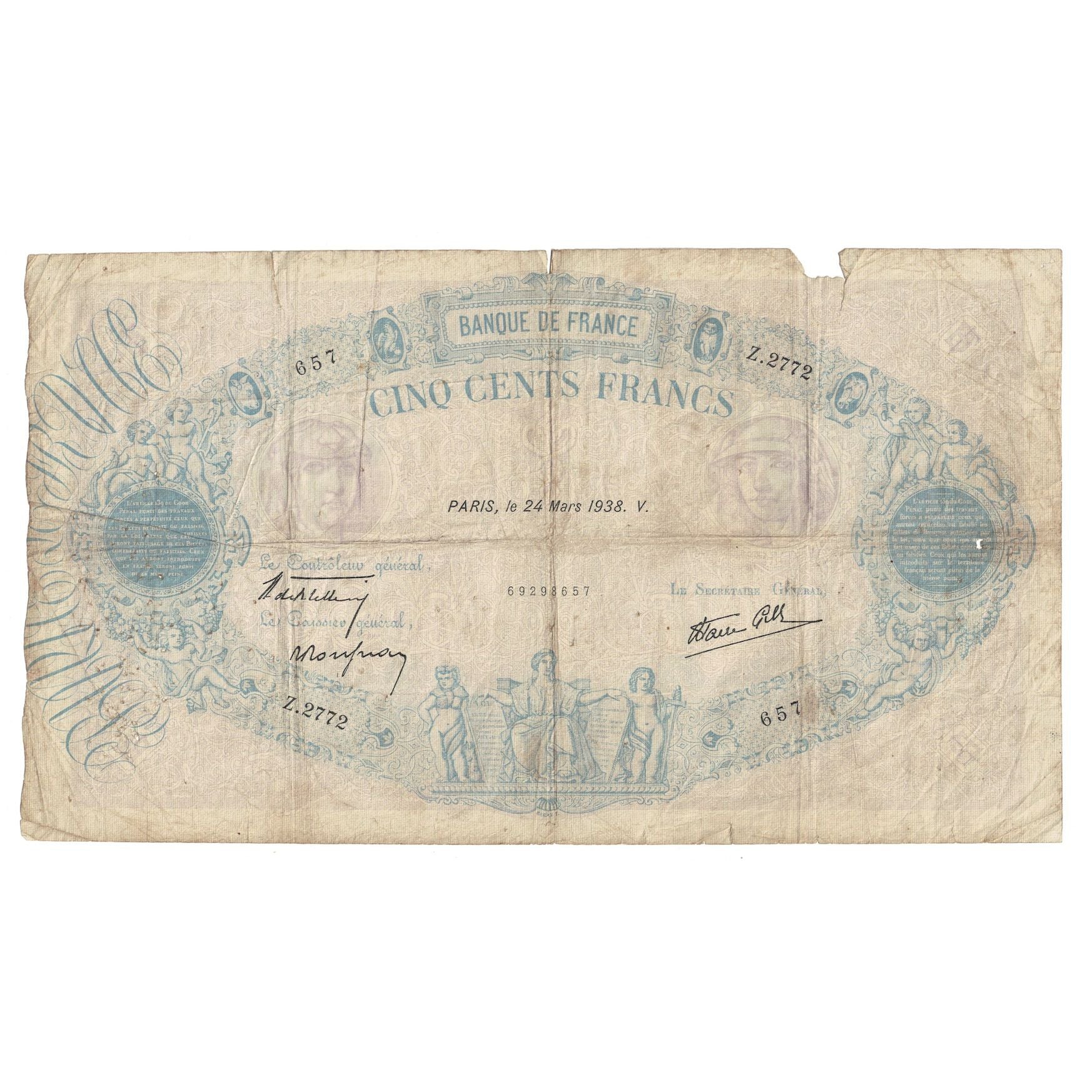 Frankreich, 500 Francs, Bleu et Rose, 1938, Z.2772, SGE, Fayette:31.6, KM:88c