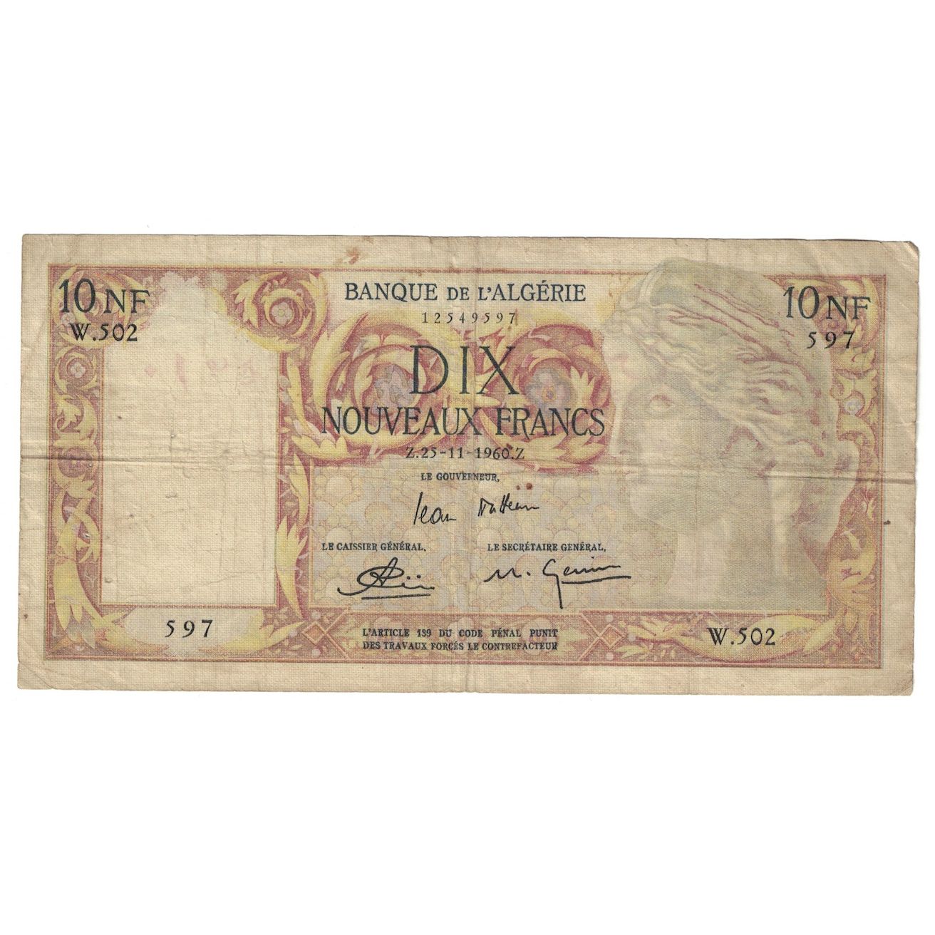 Banconote, Algeria, 10 Nouveaux Francs, 1960, 1960-11-25, KM:119a, B+