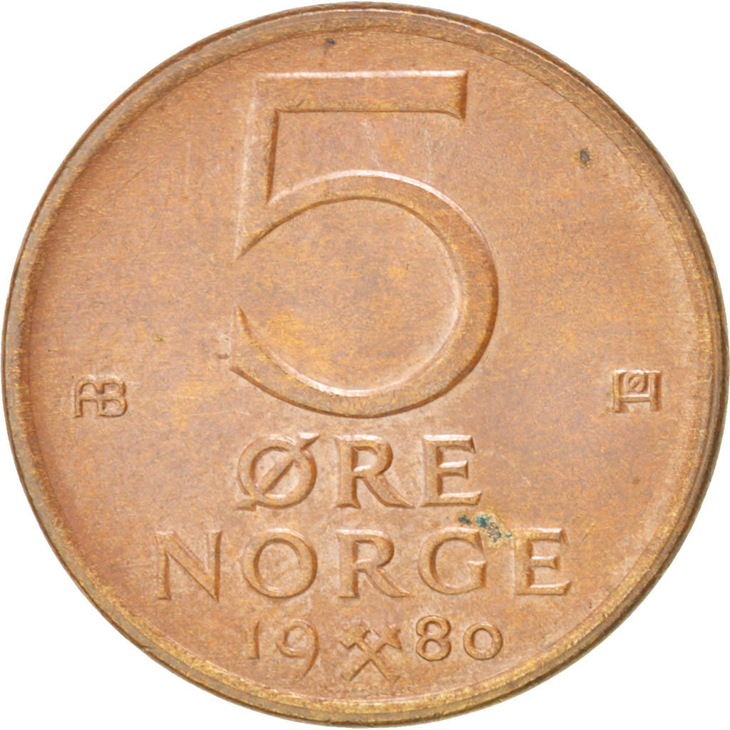 Coin, Norway, Olav V, 5 Öre, 1980, AU(55-58), Bronze, KM:415