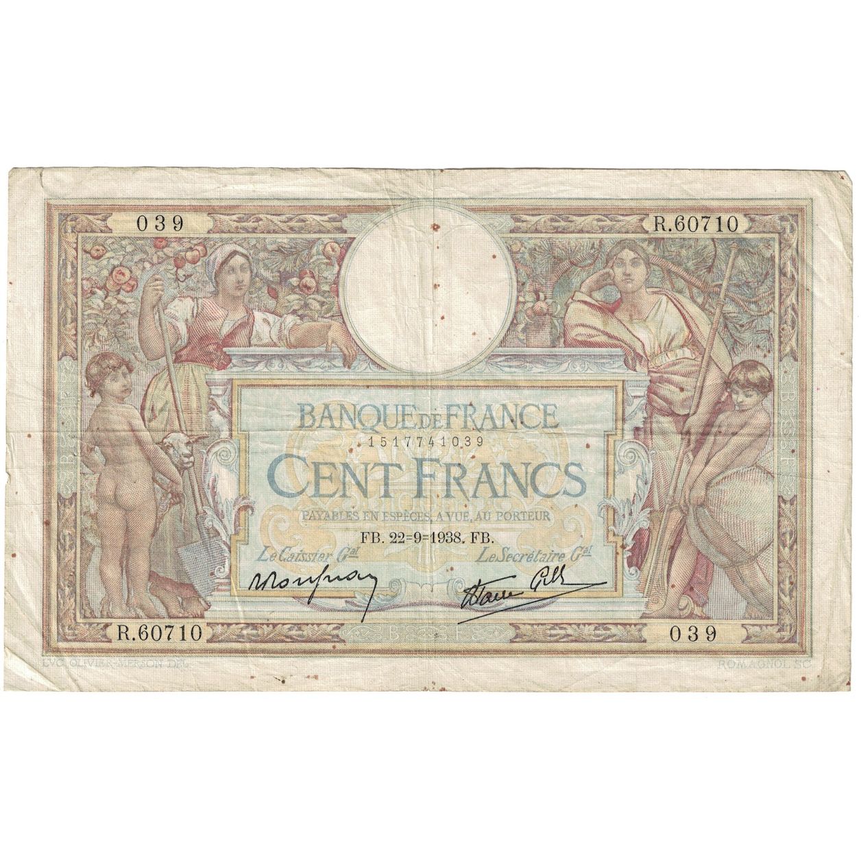 France, 100 Francs, Luc Olivier Merson, 1938, R.607, VF(30-35), Fayette:25.29