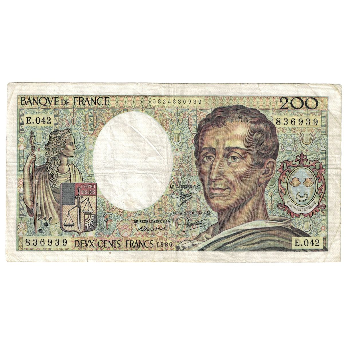 Francja, 200 Francs, Montesquieu, 1986, E.042, VF(30-35), Fayette:70.6, KM:155a