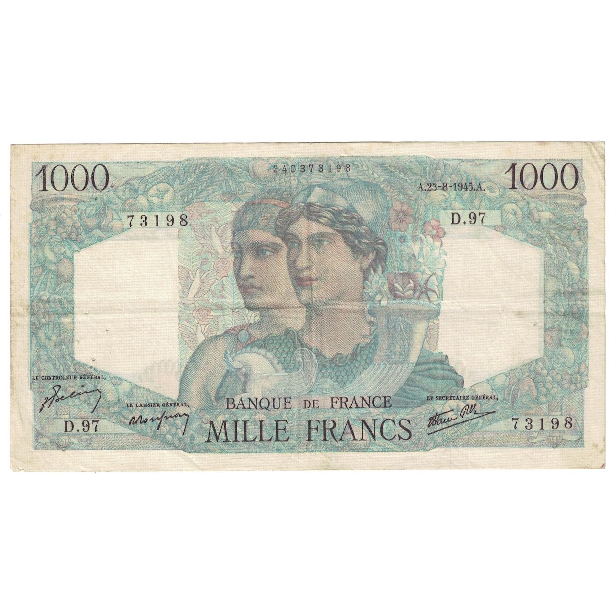 France, 1000 Francs, Minerve et Hercule, 1945, D.97, TB+, Fayette:41.7, KM:130a