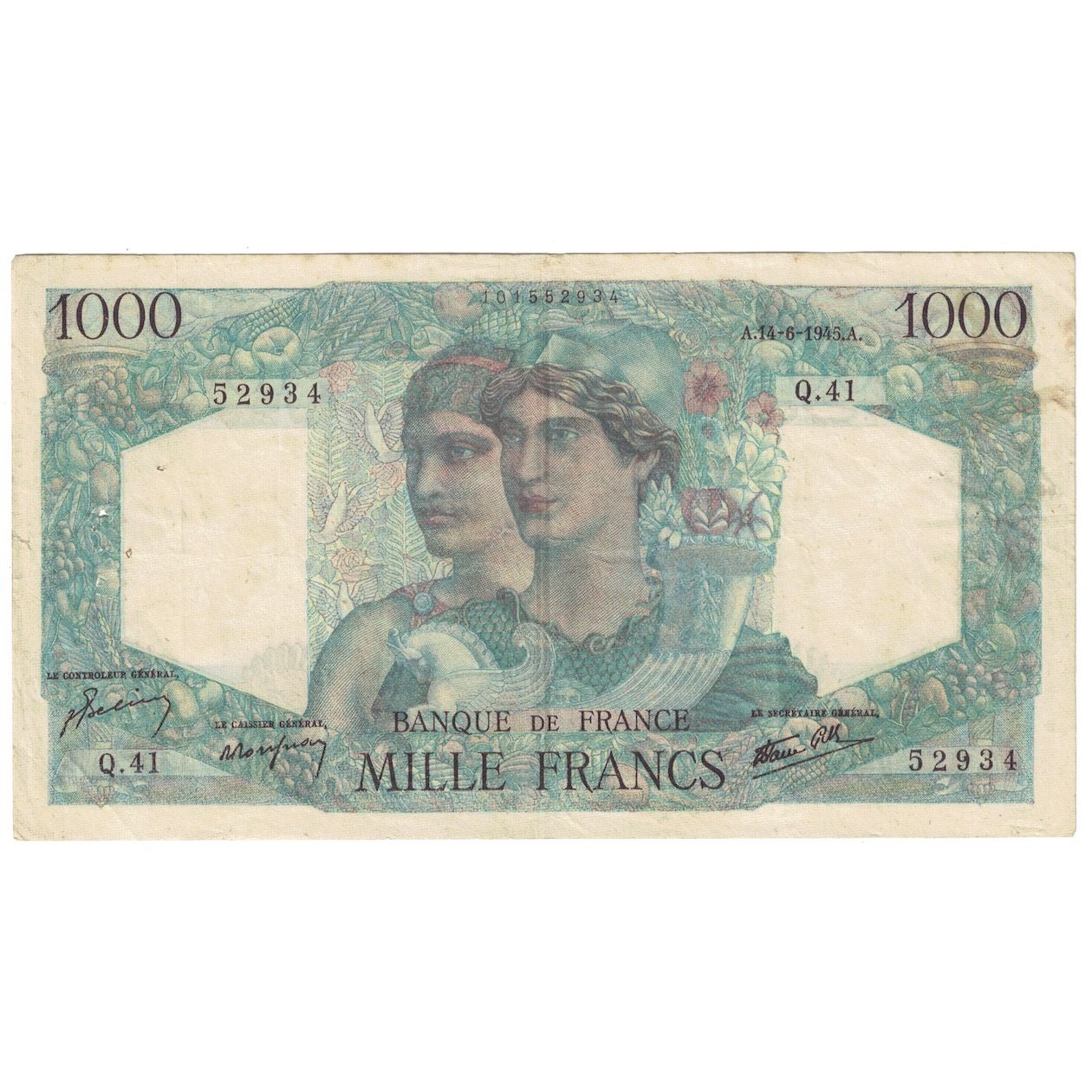 Frankrijk, 1000 Francs, Minerve et Hercule, 1945, Q.41, TB+, Fayette:41.4