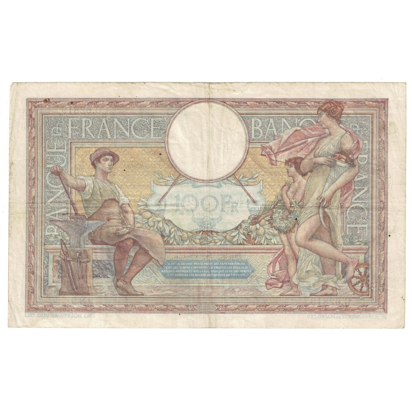França, 100 Francs, Luc Olivier Merson, 1938, G.628, VF(30-35), Fayette:25.37