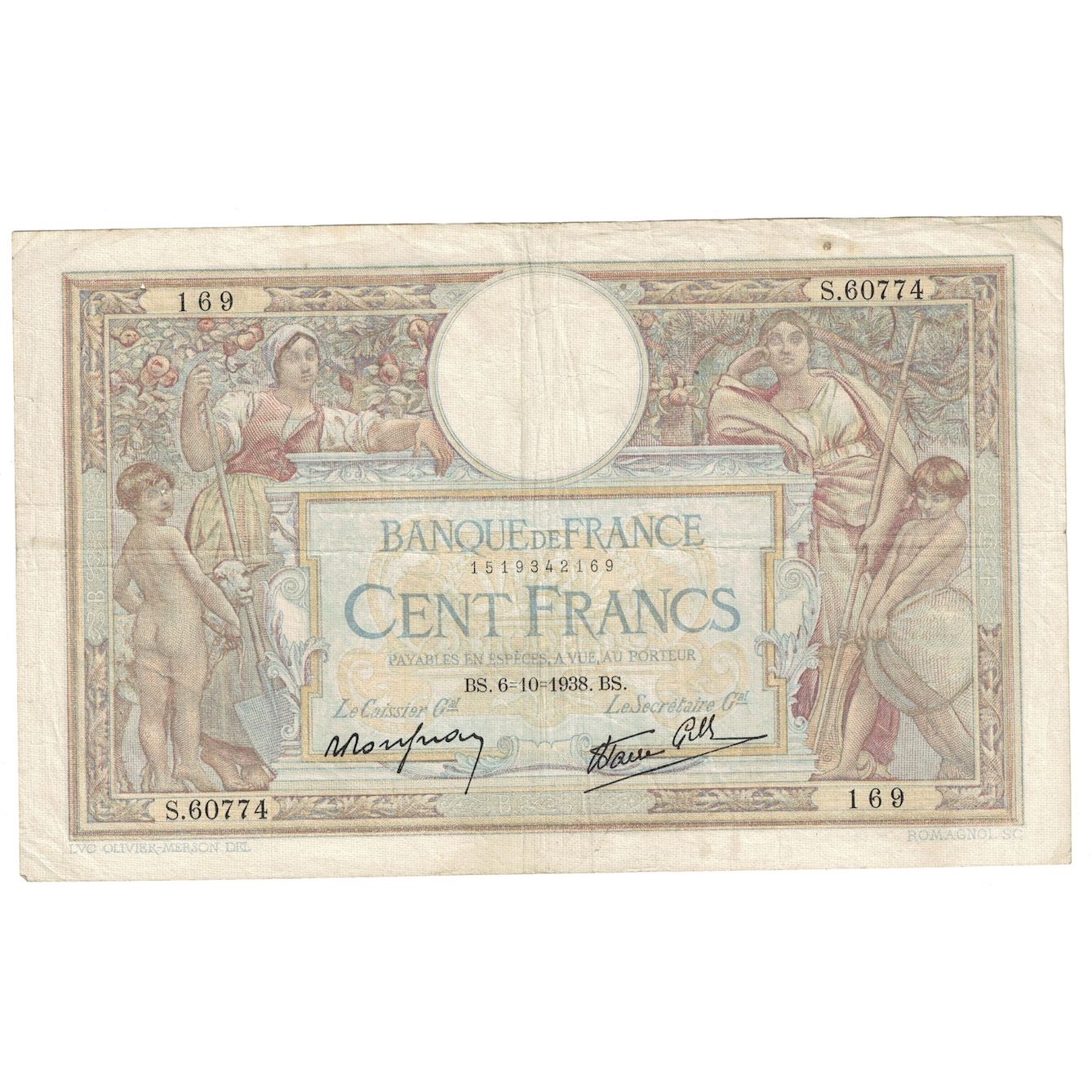 Frankreich, 100 Francs, Luc Olivier Merson, 1938, S.607, S+, Fayette:25.30