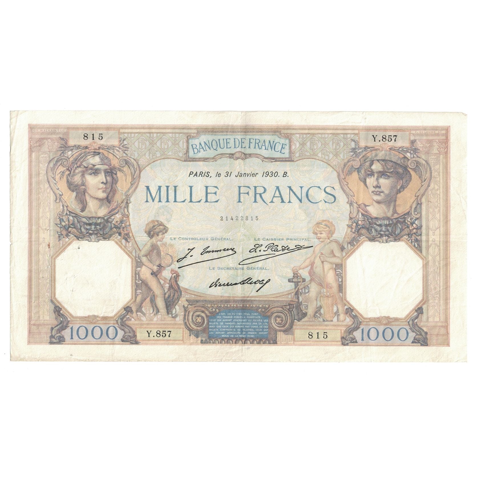França, 1000 Francs, Cérès et Mercure, 1930, Y.857, VF(30-35), Fayette:37.4