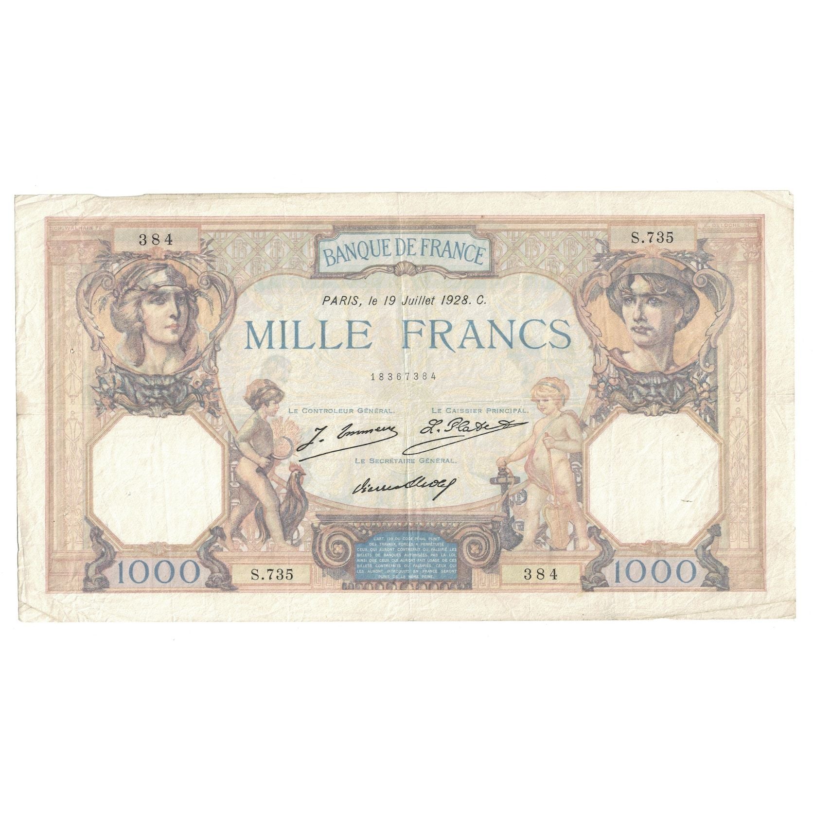 Frankreich, 1000 Francs, Cérès et Mercure, 1928, S.735, S+, Fayette:37.2