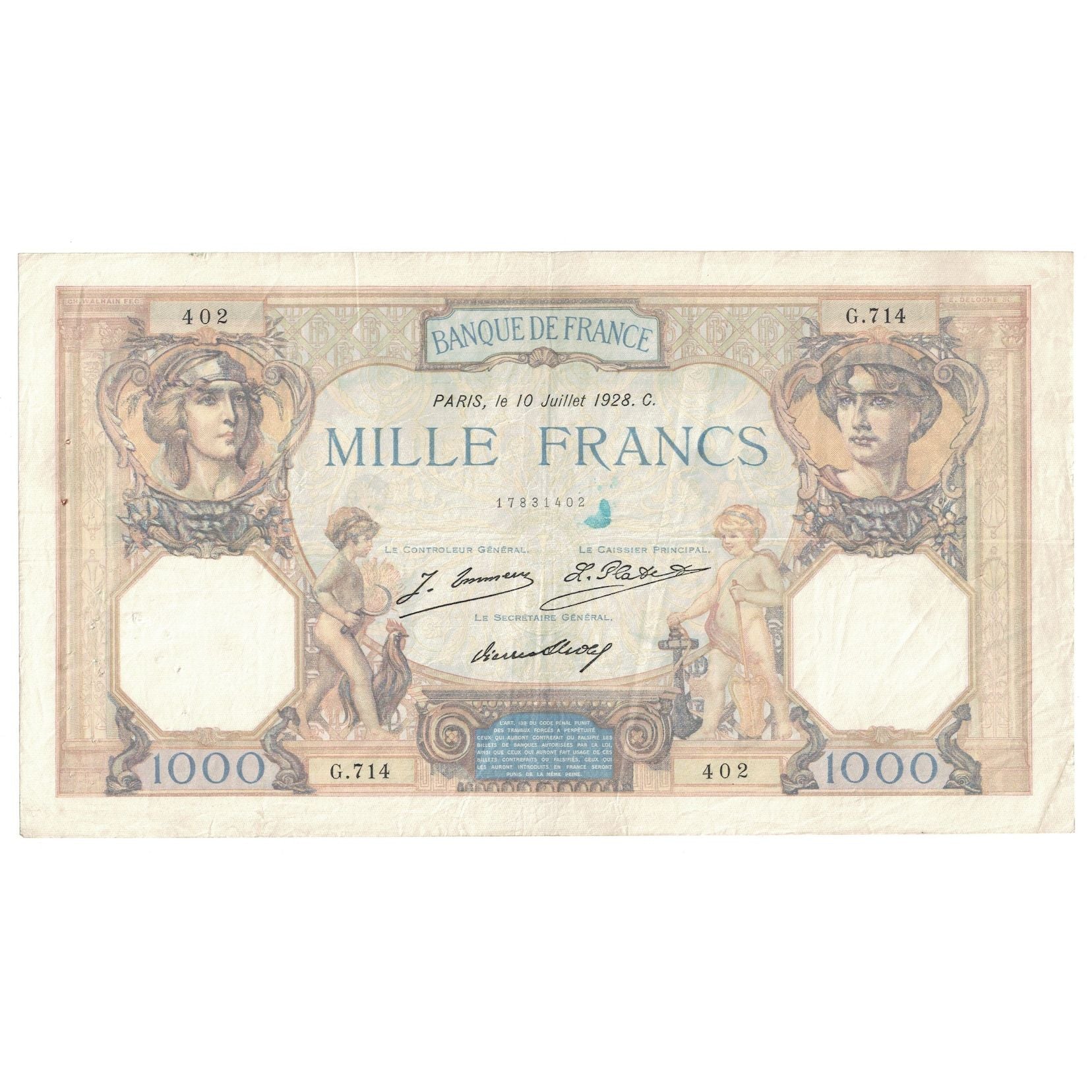 Frankrijk, 1000 Francs, Cérès et Mercure, 1928, G.714, TB+, Fayette:37.2