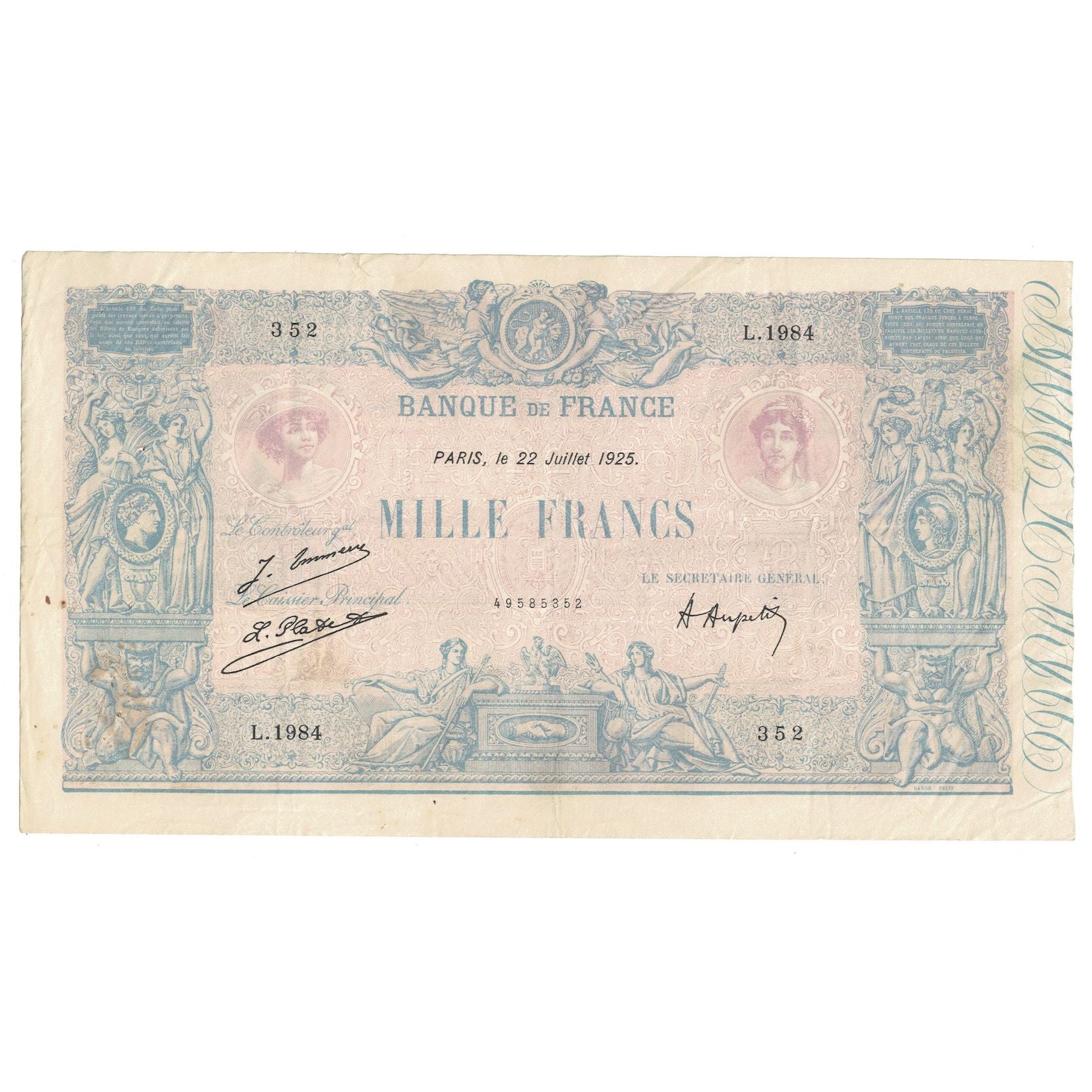Francia, 1000 Francs, Bleu et Rose, 1925, L.1984, MB+, Fayette:36.41, KM:67j