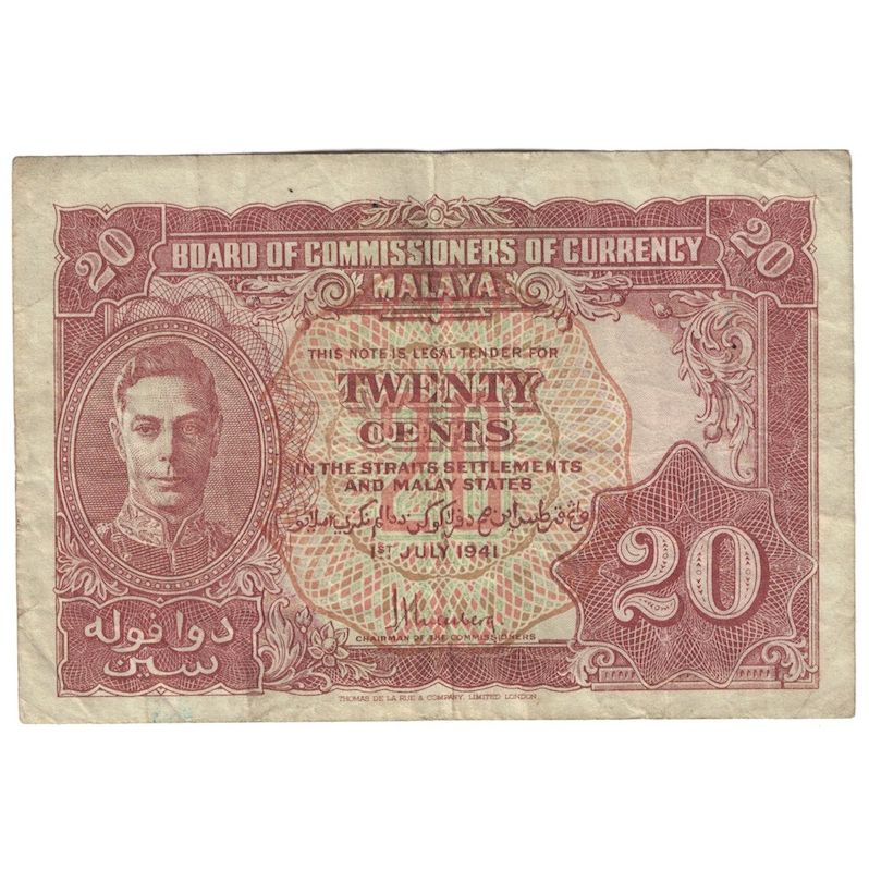 Biljet, MALAYA, 20 Cents, 1941, KM:9b, TB+