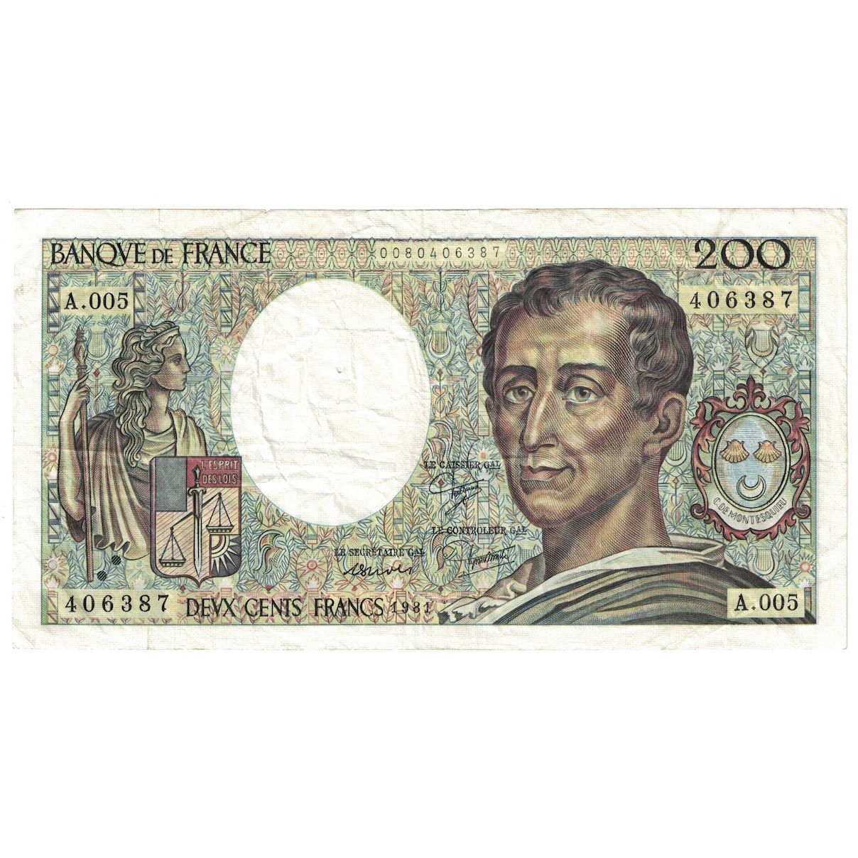 Francja, 200 Francs, Montesquieu, 1981, A.005, VF(30-35), Fayette:70.1, KM:155a