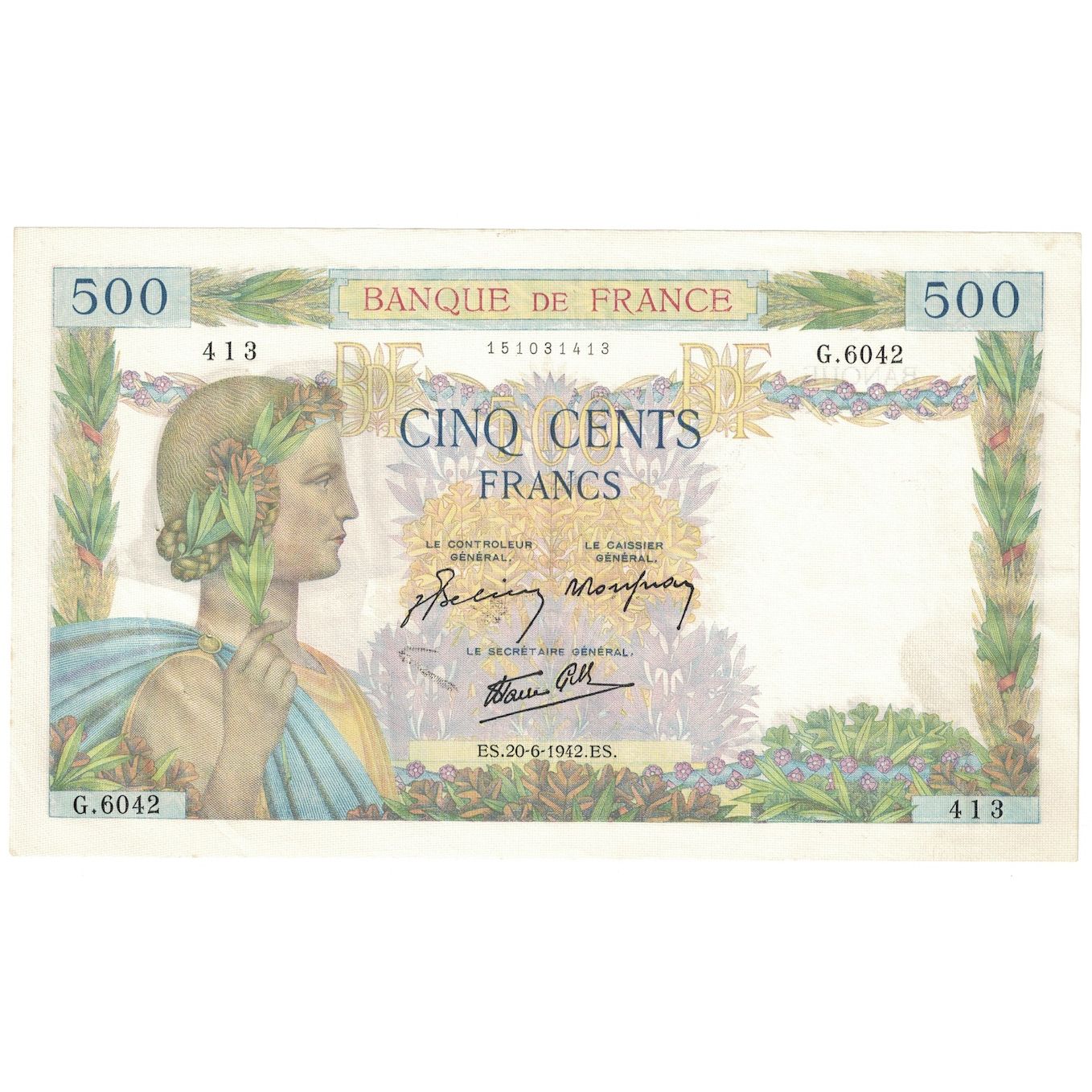 Francia, 500 Francs, La Paix, 1942, G.604, EBC, Fayette:32.35, KM:95b