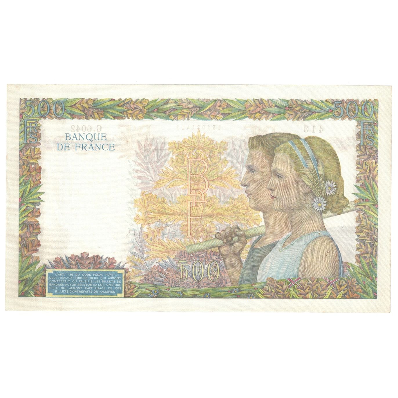 Francia, 500 Francs, La Paix, 1942, G.604, EBC, Fayette:32.35, KM:95b