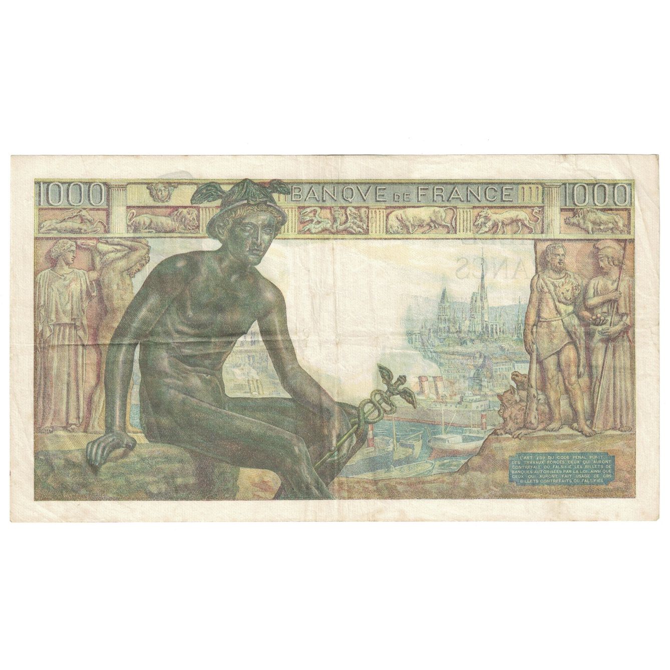 Francia, 1000 Francs, Déesse Déméter, 1942, X.139, MBC, Fayette:40.1, KM:102