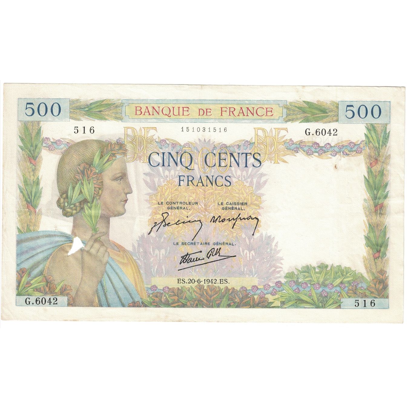 France, 500 Francs, La Paix, 1942, G.604, TB+, Fayette:32.35, KM:95b