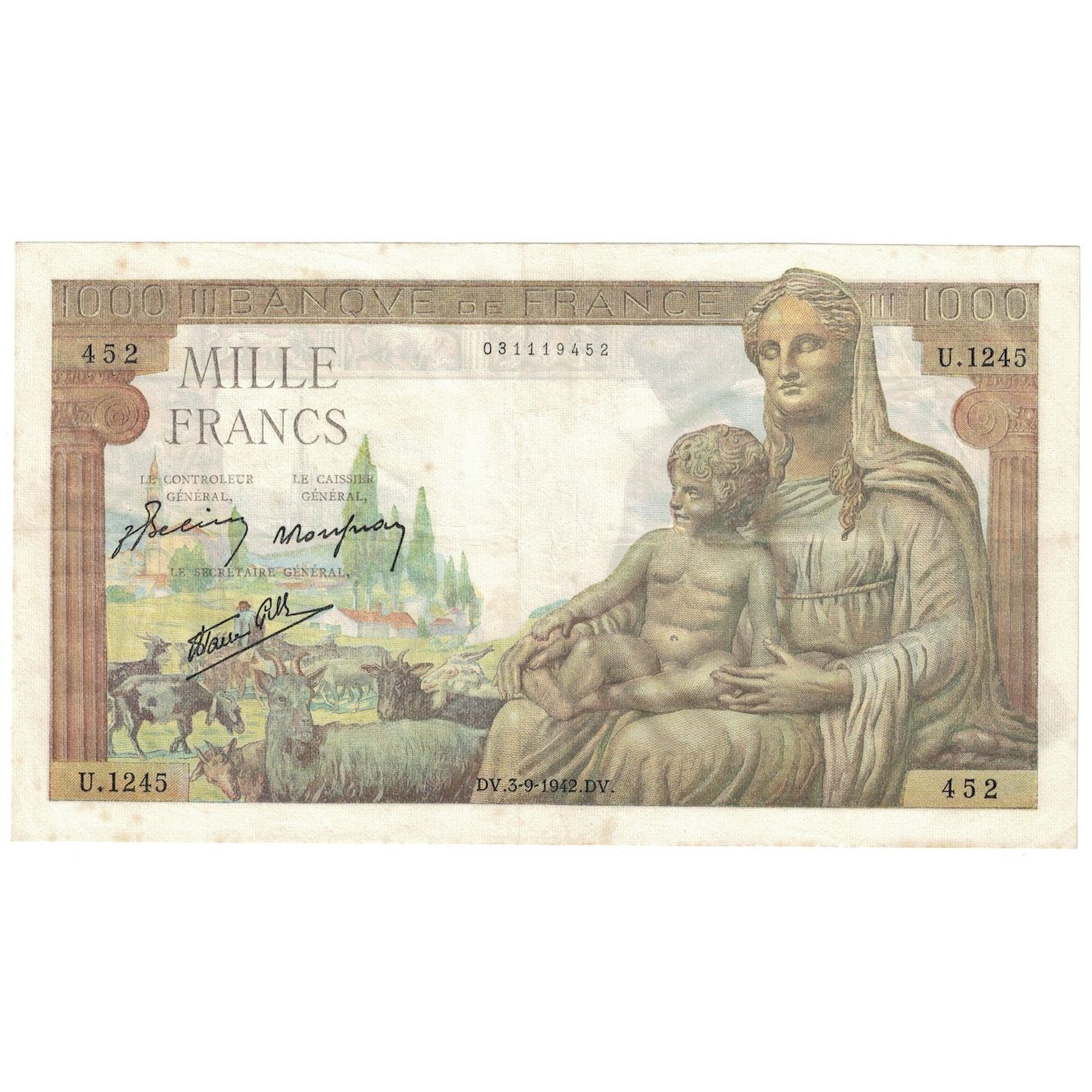 Frankrijk, 1000 Francs, Déesse Déméter, 1942, U.124, TTB+, Fayette:40.6
