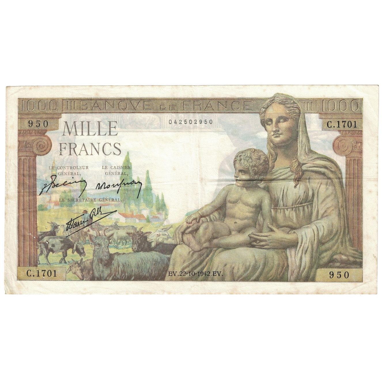 France, 1000 Francs, Déesse Déméter, 1942, C.170, EF(40-45), Fayette:40.09